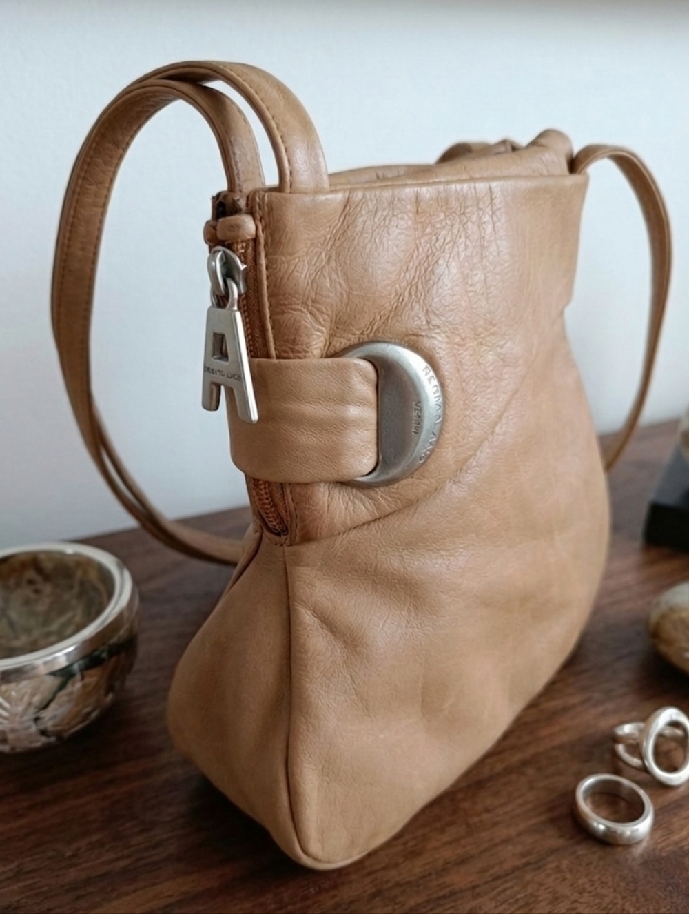 Renato Angi Made In Italy Leather Shoulder Bag Asymmetrical Unique Cream